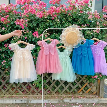 Лятна рокля Gril от 0 до 7 години, Однотонная Детски дрехи, Скъп Газ рокля с пеперуда, Красива Цветна Розова подарък пола с принтом 2023, детска рокля