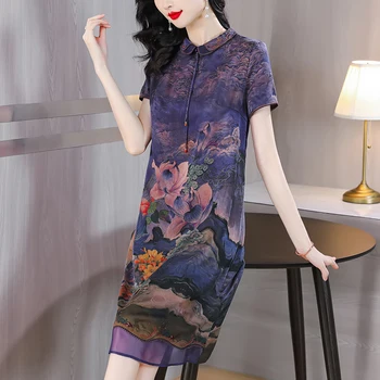 Лятото коприна винтажное рокля Ципао с флорални принтом 2023 г., рокля с къс ръкав, Китайското дебнещ рокля с кръгло деколте и дължина до коляното, Женски дълга рокля