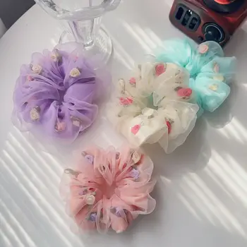 Модни Двуслойни дъвка за коса от органза с цветя, Рози, Пролет-Лято, Романтична дъвка за коса, Шифоновые дъвка за коса, въже за коса