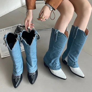 Модни цветни обувки Челси на висок ток до коляното за дамите Обувки Дамски обувки, без съединителни Дамски Дълги дънкови ботуши в западен стил
