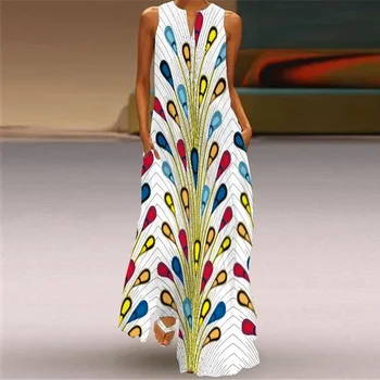 Модно богемное рокля-жилетка с цветна фейерверковым дизайн, рокля с V-образно деколте дължина до щиколоток