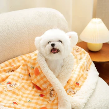 Мультяшное дълго плюшевое топло одеяло за кучета с прекрасна принтом, постелки за кучета, развъдник за домашни любимци, топъл сън за домашни любимци, диван-легло за кучета