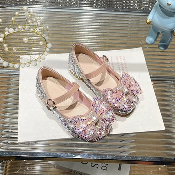Нови Детски Обувки на Принцесата За Момичета на висок ток с декорация във формата на кристали, Детски Кожени Обувки За деца С Лък Подметка, Детска Студентски Танцови обувки 5A