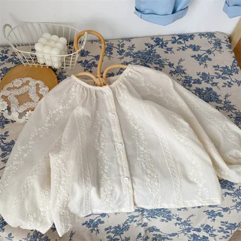 Памучен блуза с бродерия за малки момичета