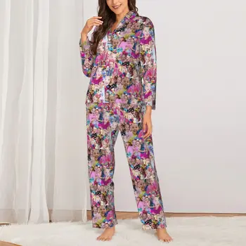 Пижами Jojo Siwa Колаж, Пролетта забавен мем, пижамный комплект в стил ретро оверсайз, дамски пижами с мек дизайн за стая с дълъг ръкав, нощница