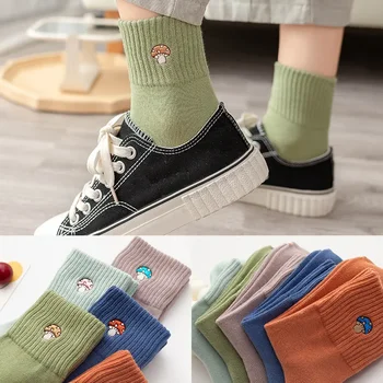 Пролет, 1 чифт женски едноцветни чорапи, памучни чорапи с растителна бродерия и гъби, ежедневни чорапи, на разположение 5 цвята