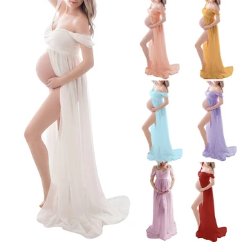 Рокли за бременни, за фотосесия с открити рамене, къс ръкав, Сетчатое прозрачно Дълга рокля с цепка за бременни, дамски дрехи за бременни