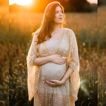 Рокля за фотография на бременни, луксозно златното светеше сетчатое рокля с V-образно деколте и дълги ръкави за бременни жени, подпори за фотосесия