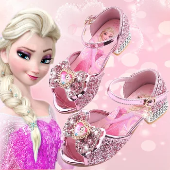Сандали за момичета Frozen 2, Обувки принцеса Елза, кристални обувки за малки момичета, детски обувки за партита на високи токчета, обувки за подиум