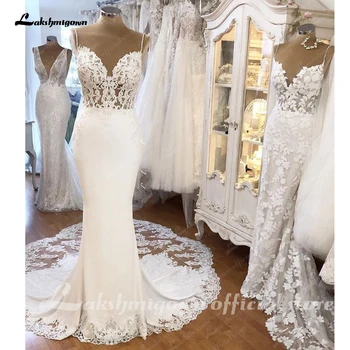 Сватбена рокля-русалка на тънки спагети презрамки Lakshmigown с отворен гръб 2023, Vestito da Sposa, Дантелени апликации, сватбени рокли за младоженци.