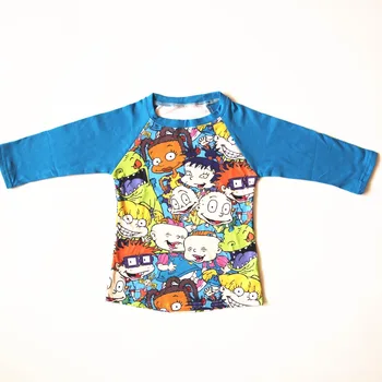 Сезон: Пролет-лято, Тениска-raglan за малки момчета, Тениска с дълги ръкави и шарките на животни, синя тениска, Топ за малки деца, продажбите на Едро