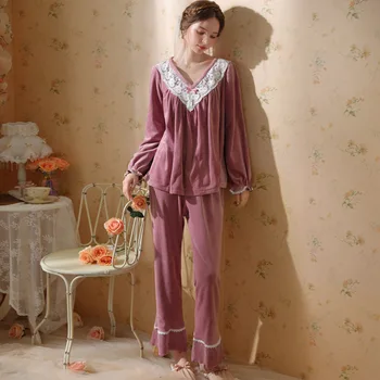Сладка пижама в стил принцеси за момичета, плюшен утепленная зимни домашно облекло от фланела с дълги ръкави, сексуална лейси пижама с V-образно деколте, спално бельо