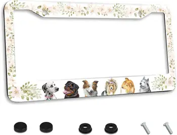 Сладкото Кученце Рамка за регистрационен номер с цветен модел на животното Забавно делото регистрационен номер Аксесоар от неръждаема стомана Декор на регистрационен номер с 2 дупки