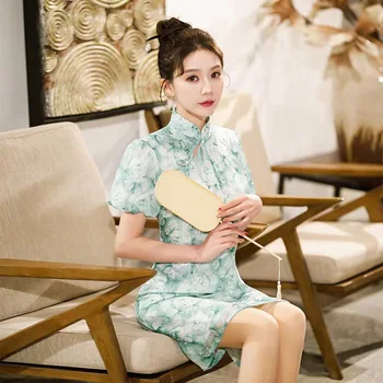 Традиционното женско шифоновое китайското вечерна рокля Ципао от шифон трапецовидна форма, с пищни ръкави-чонсам с шал яка подпора на 