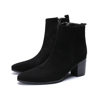 Черни къси ботуши с цип в британския стил, елегантни есенно-зимни ботильоны за почивка, мъжки модел обувки от лачена кожа на висок ток